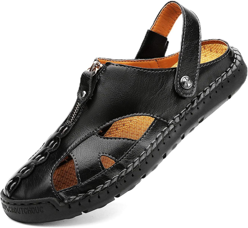 Men'S Casual Closed Toe Adjustable Leather Sandals Handmade Fisherman Beach Sand - Picture 2 of 12