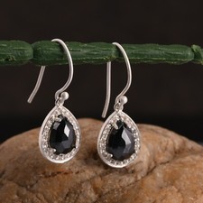 Sterling silver teardrop hematite earrings with white topaz birthstone jewelry