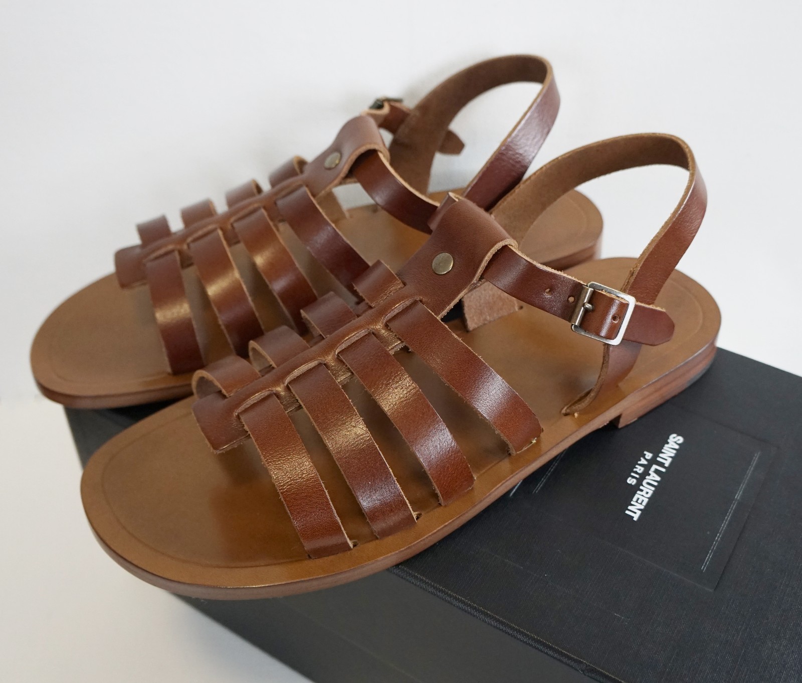 ️ Sandali piatti SAINT LAURENT Paris marrone pelle GLADIATORE cinturino EUR 42 US 9