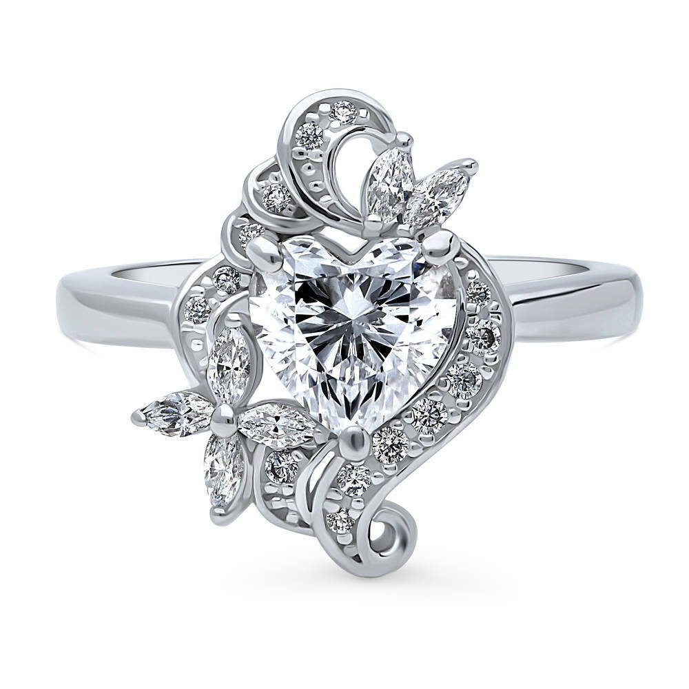 BERRICLE Rhodium Plated Sterling Silver Heart CZ Flower Fashion