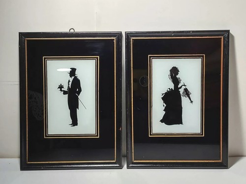 Vintage Silhouette Print Framed Victorian Man Woman Black White Gold 10"X7" - Picture 6 of 13