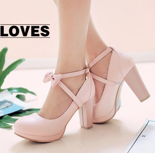 Women's Bowknot Mary Jane Shoes Sweet Cross Strap Lolita Chunky Block Heel Pumps - Picture 11 of 13