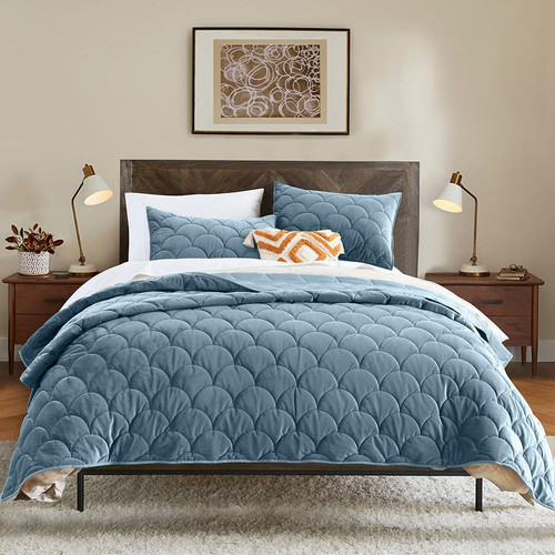 Velvet Quilt Set King Size, Light Blue Luxury Velvet Comforter Set 3 Pieces S...