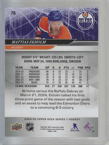 2024-25 Upper Deck #78 Mattias Ekholm UD Exclusives #/100 - Bild 2 von 2