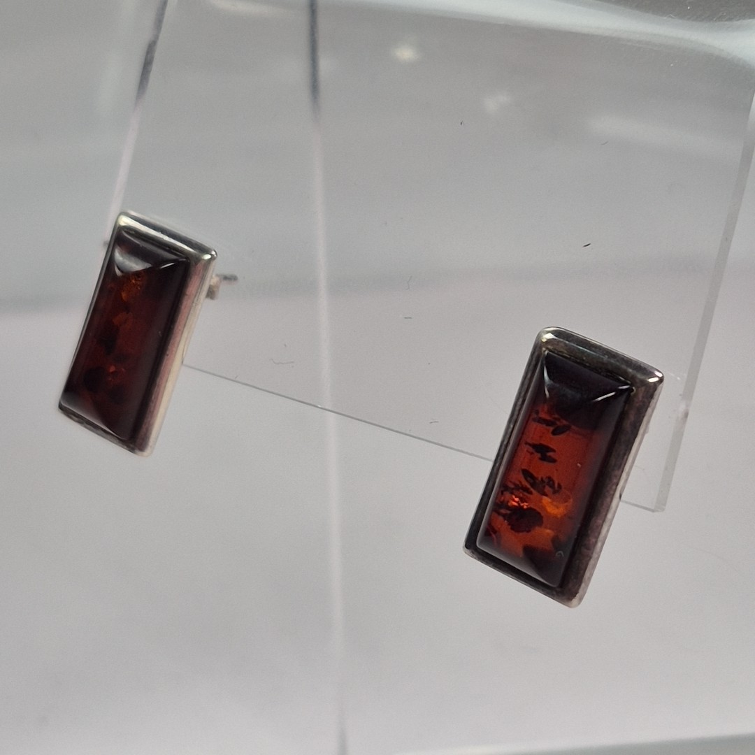 Modern Sterling Silver 925 Rectangular Amber Post… - image 3