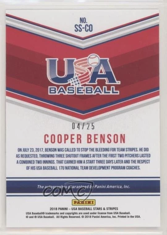 2018 Panini USA Baseball Stars & Stripes Black Ink /25 Cooper Benson #SS-CO Auto - Image 2 of 2