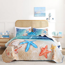 Coastal Quilt Set Queen Size   3 Piece Lightweight Beach Themed Bedding, Soft 