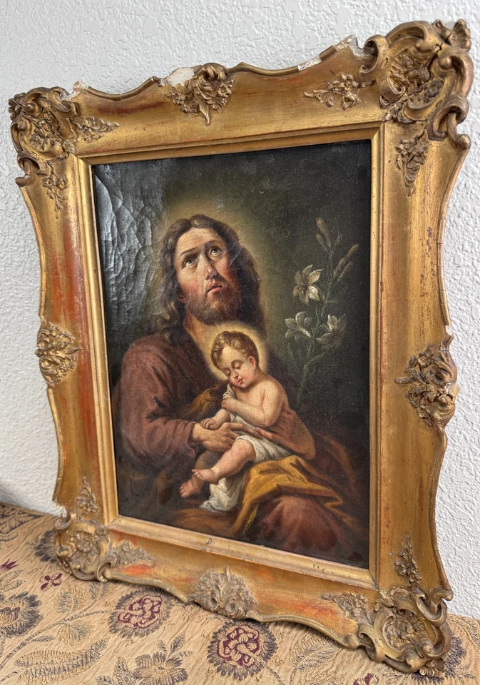 Antigua pintura al óleo San José Cristo Niño Mexicano San Retablo Español siglo XIX Foto 4 de 4