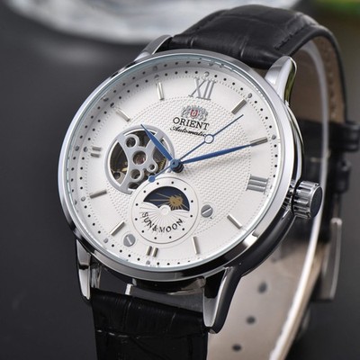 Orient Sun & Moon Semi Skeleton Automatic Watch Men's White Dial Black Leather S