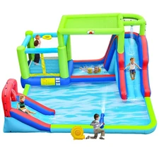 Inflatable Dual Water Slides Park with Blower, Bounce House with Sunshade, Ba...