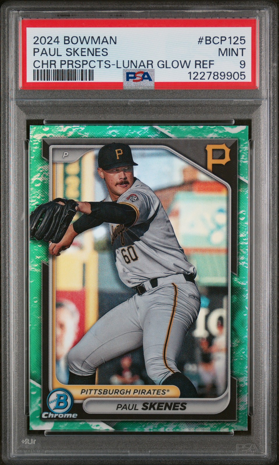 2024 BOWMAN CHROME PROSPECTS LUNAR GLOW REFRACTOR #BCP125 PAUL SKENES PSA 9
