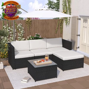 5Pcs Rattan Garden Meubles Patio Canapé Set de verre Table de café noir UK