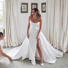 Classic White Satin Wedding Dresses Detachable Train Sweetheart Slit Bridal Gown