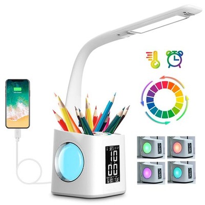 LED Desk Lamp with Clock, Color Changing Nightlight, USB Charger - Study Light
