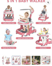 Happy Baby 5 in 1 Baby Walker Pink White Gray with Handle, Eating Tray, Toy Tray