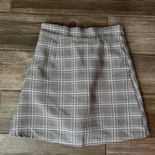 Gray Plaid Mini Skirt Elastic Waist Lined Schoolgirl Style Y2K Clueless, Small