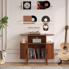 Modern Walnut Record Player Stand with Open Shelves Record Storage Cabinet