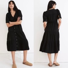 Madewell Dress Lightspun Button-Front Tiered Midi Short Sleeved Black 6