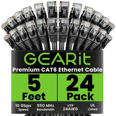 Cat 6 Ethernet Cable (24-Pack 5 Feet) Cat6 Network Patch, 10Gbps, RJ45, Snagless