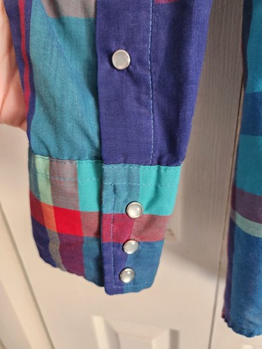 Vintage Karman Mens L Plaid Colorful Pearl Snap Long Sleeve Western Shirt - Picture 5 of 11