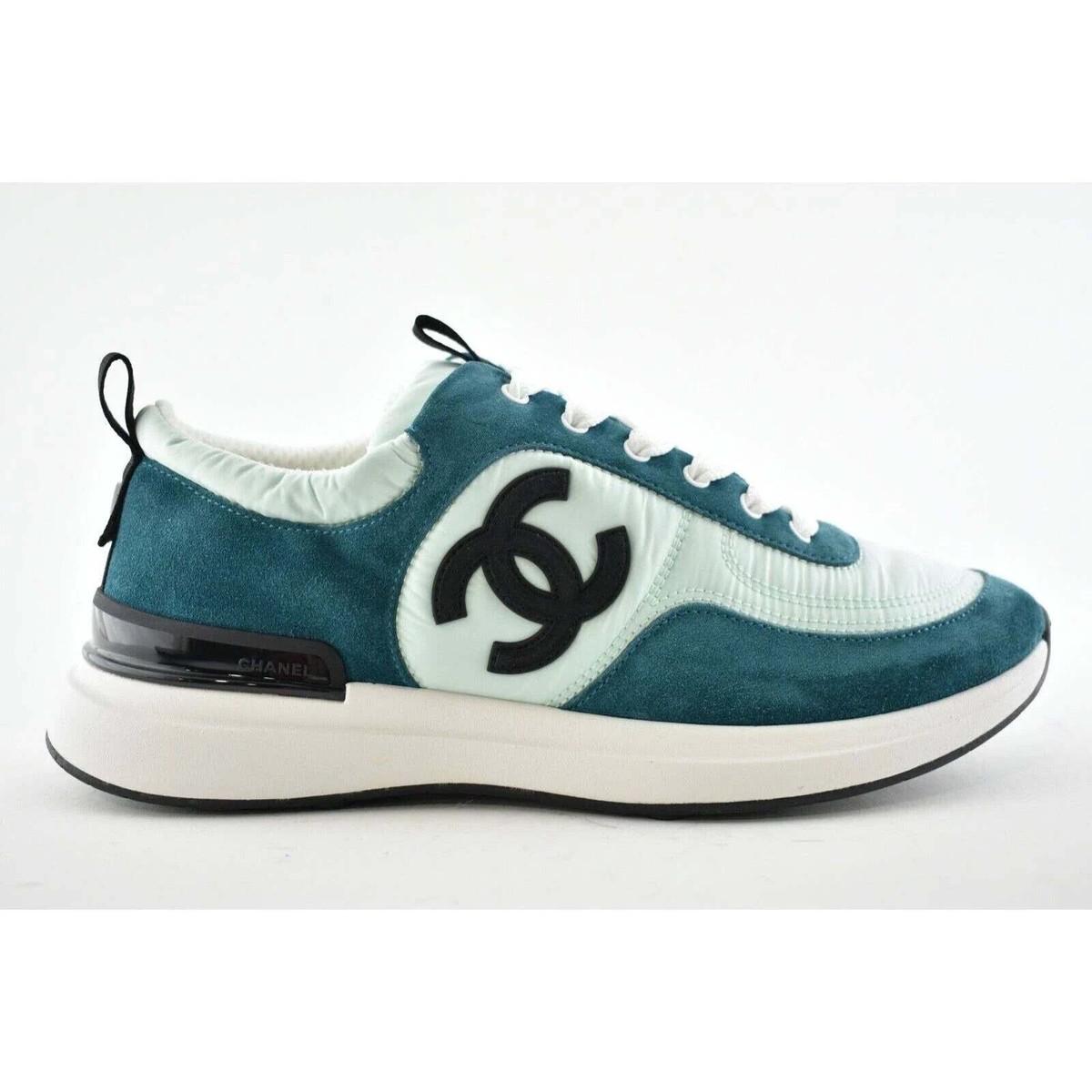 Chanel 21P Blue Green Black Suede CC Lace Up Tie Flat Runner