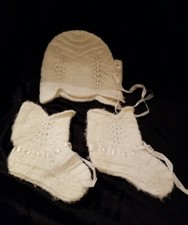 Vintage Hand Made White Knitted 9" Baby Hat and 4"Booties with White Ribbon