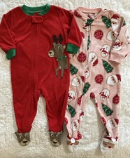 Lot of 2 - Carter's Blanket Sleeper Fleece Footed Pajamas - 12 Months, Christmas