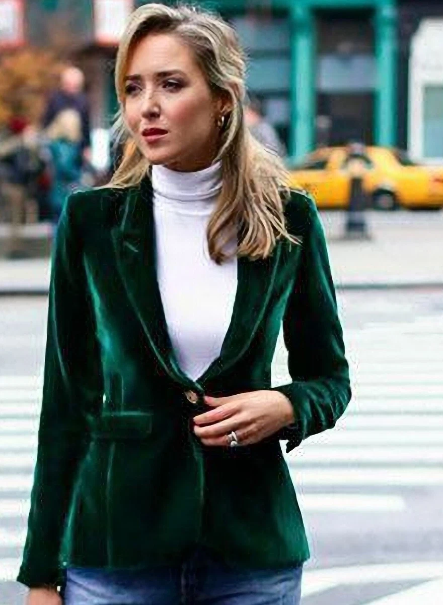 Green Velvet Blazer Women Velvet Smoking Jacket Evening Club One Button Coat