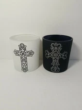 NEW Glass Candle Holders Set of (2) With Cross white or Black
