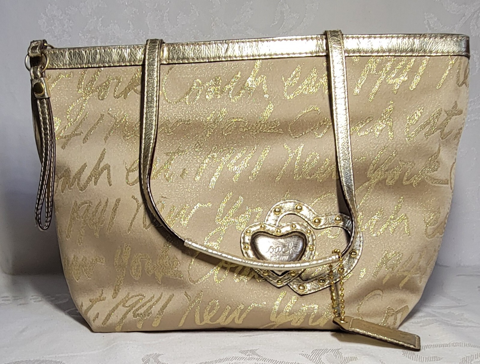 Coach Signature New York Script Logo Tote with Gold Charm