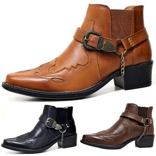 Herren Stiefeletten dicke Ferse spitze Schnalle Stiefel Cowboy Schuh - Bild 6 von 18