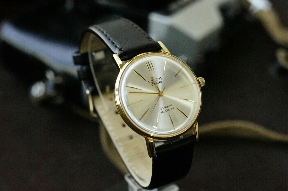 Reloj mecánico de lujo POLJOT De Luxe ultra delgado correa de cuero para hombre vintage Foto 3 de 4