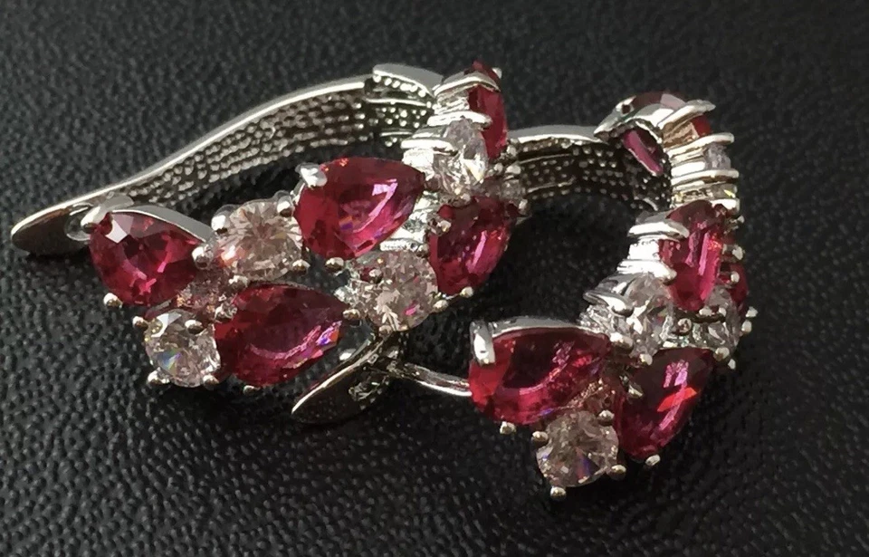 18k White Gold Plated Red Garnet Gemstone Bracelet Earrings Set Anniversary Gift - Image 4 of 4