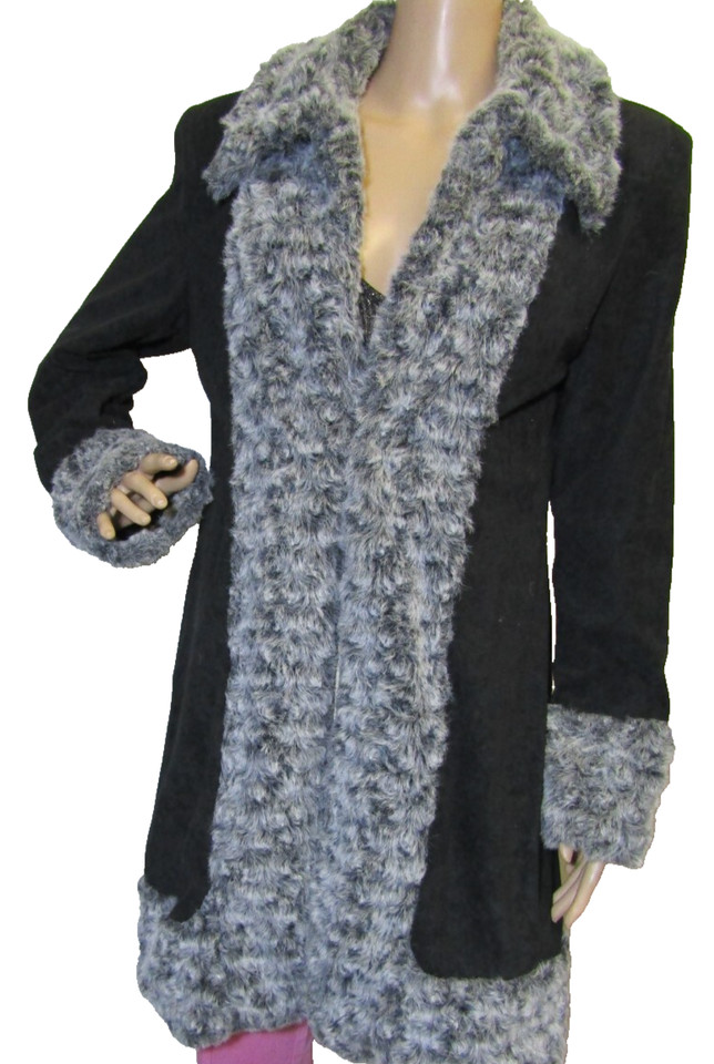 Laurentino size 12 faux fur trim black velour coat long jacket retro vintage