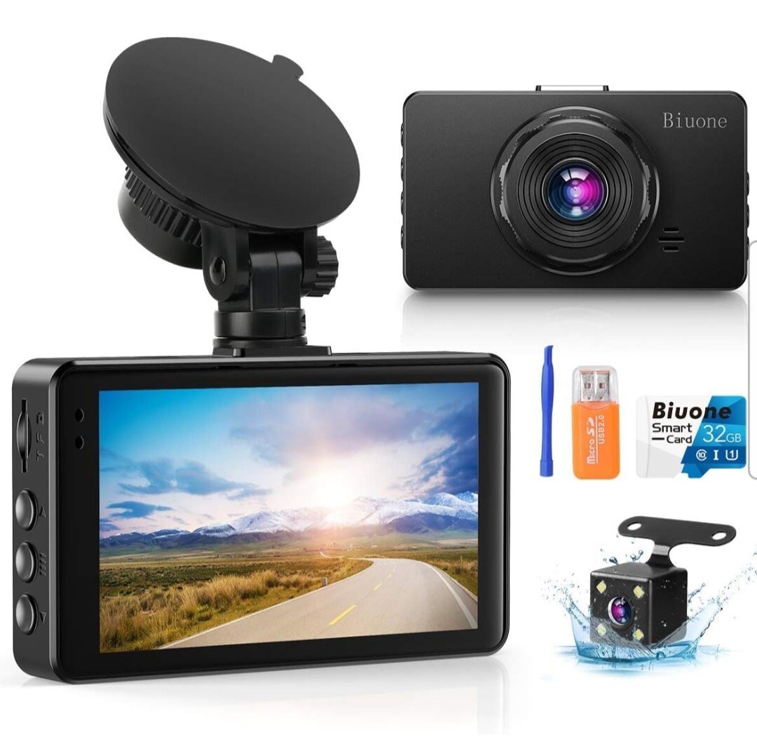 Dual Dash Cam with 32GB Card and Super Night Vision for Front and Rear-image