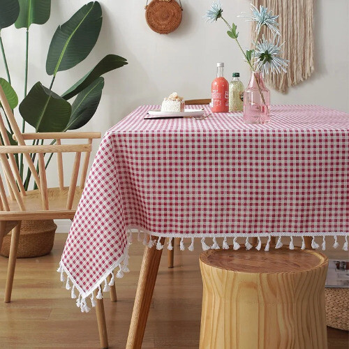 Nordic Plaid Fresh Tablecloth with Lace Hem Cotton Linen Map for Desk Soft Cover - Bild 7 von 32