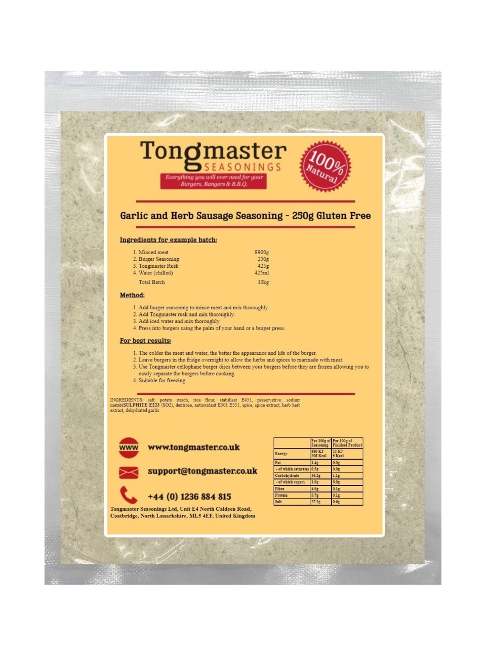 Garlic and Herb Sausage Seasoning - 250g (10kg Batch) Gluten Free
