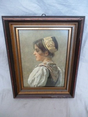 gerahmter Druck junge Mühlenbacherin mit Goldhaube von Wilhelm Hasemann