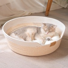 Cat Bed Basket with Cushion, Cotton Rope Woven Pet Bed for Indoor Cats Couch,...