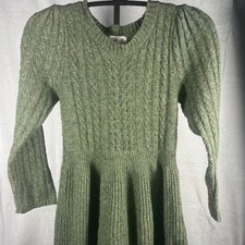 Girls Green Cable Knit Sweater Dress Puff Sleeve Cozy Fall Winter
