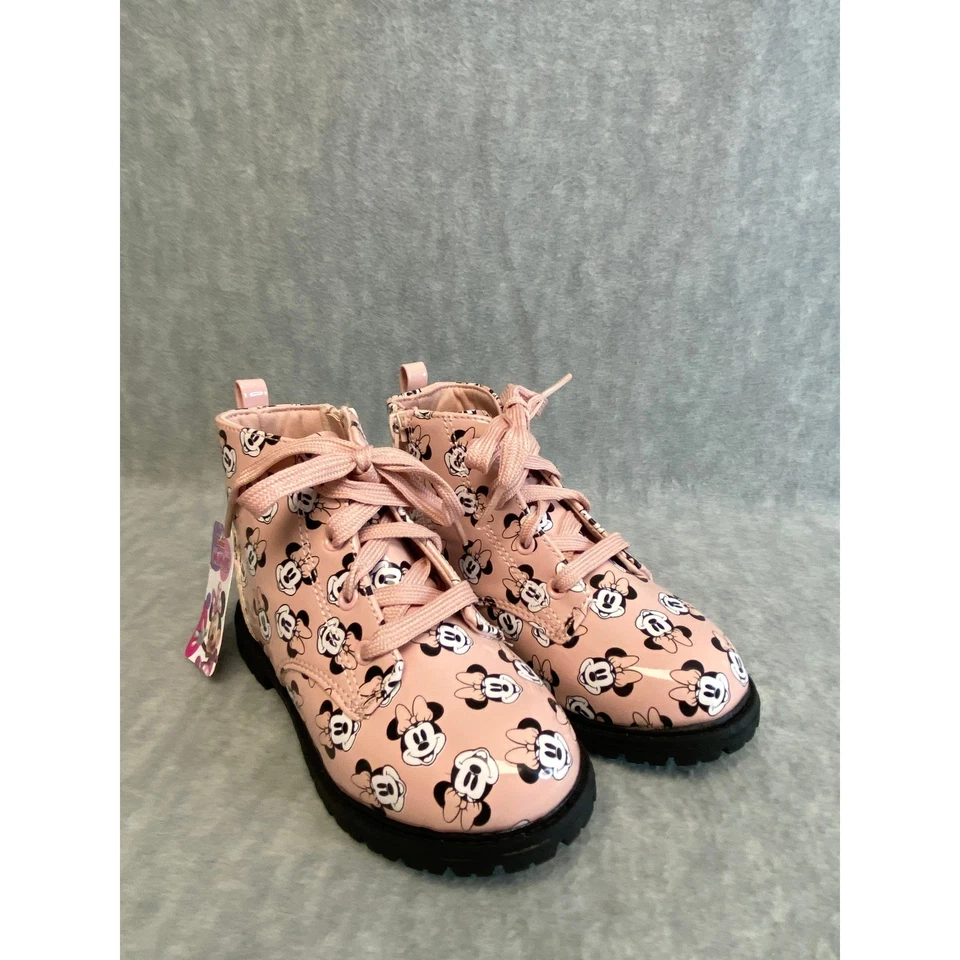 NUEVO CON ETIQUETAS Niñas Rosa Minnie Mouse Botas de Combate con Cordones Cremallera Niños Pequeños Talla 10 Foto 2 de 4