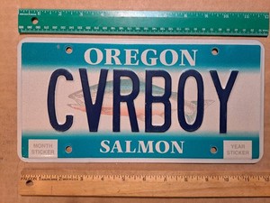 License Plate, Oregon Specialty: Salmon, Vanity: CVR BOY as opposed to CoverGirl
