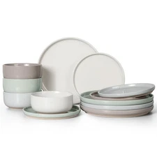 Stoneware Dinnerware Sets, 12-Piece Plates and Bowls Set for 4, Dishes Set fo...