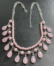 Vintage 16” Layered Pink Faux Pearl Charm Silver Tone Chain Bib Necklace