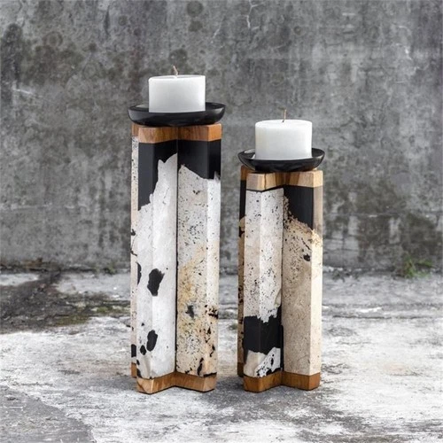 Uttermost Illini Wood Stone and Resin Candleholder in White and Black (Set of 2) - Picture 2 of 4