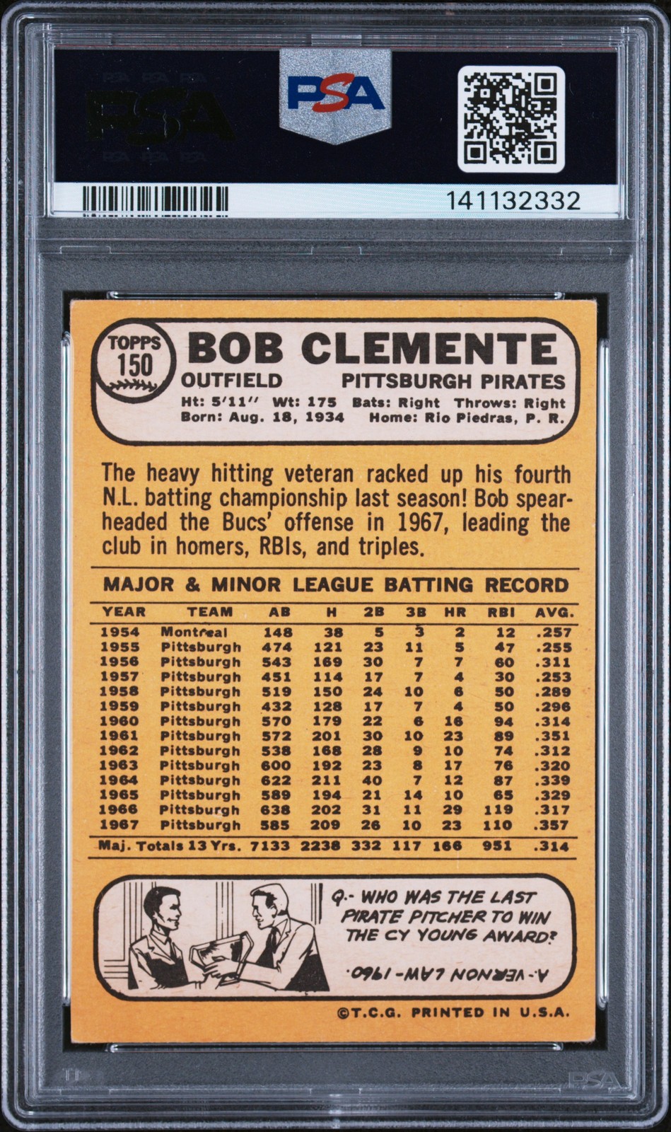 1968 TOPPS #150 BOB CLEMENTE PSA 3 view 2