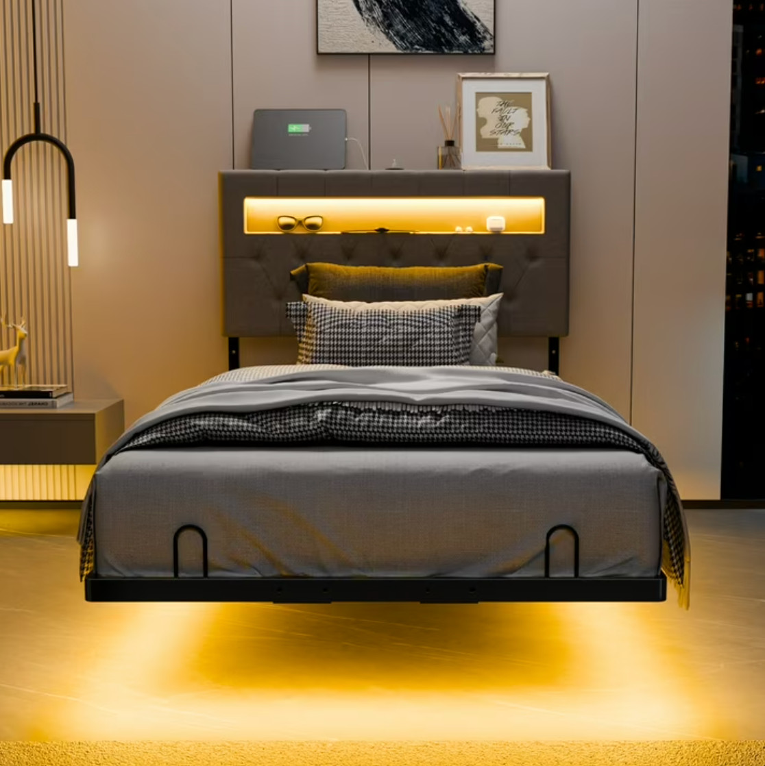 W/ Led Cama Twin Con Luz Led Plataforma Gris New
