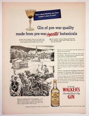 1945 Hiram Walker's Gin Vintage Magazine Ad Pre-War Botanicals WWII Era