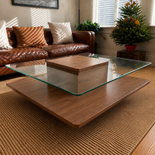31.5" Modern Sculptural Square Accent Coffee Table Glass Top Pedestal Walnut MCM