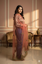 Sanskriti Vintage Red Net Dupatta Hand Beaded Zardozi Long Stole Wedding Scarves